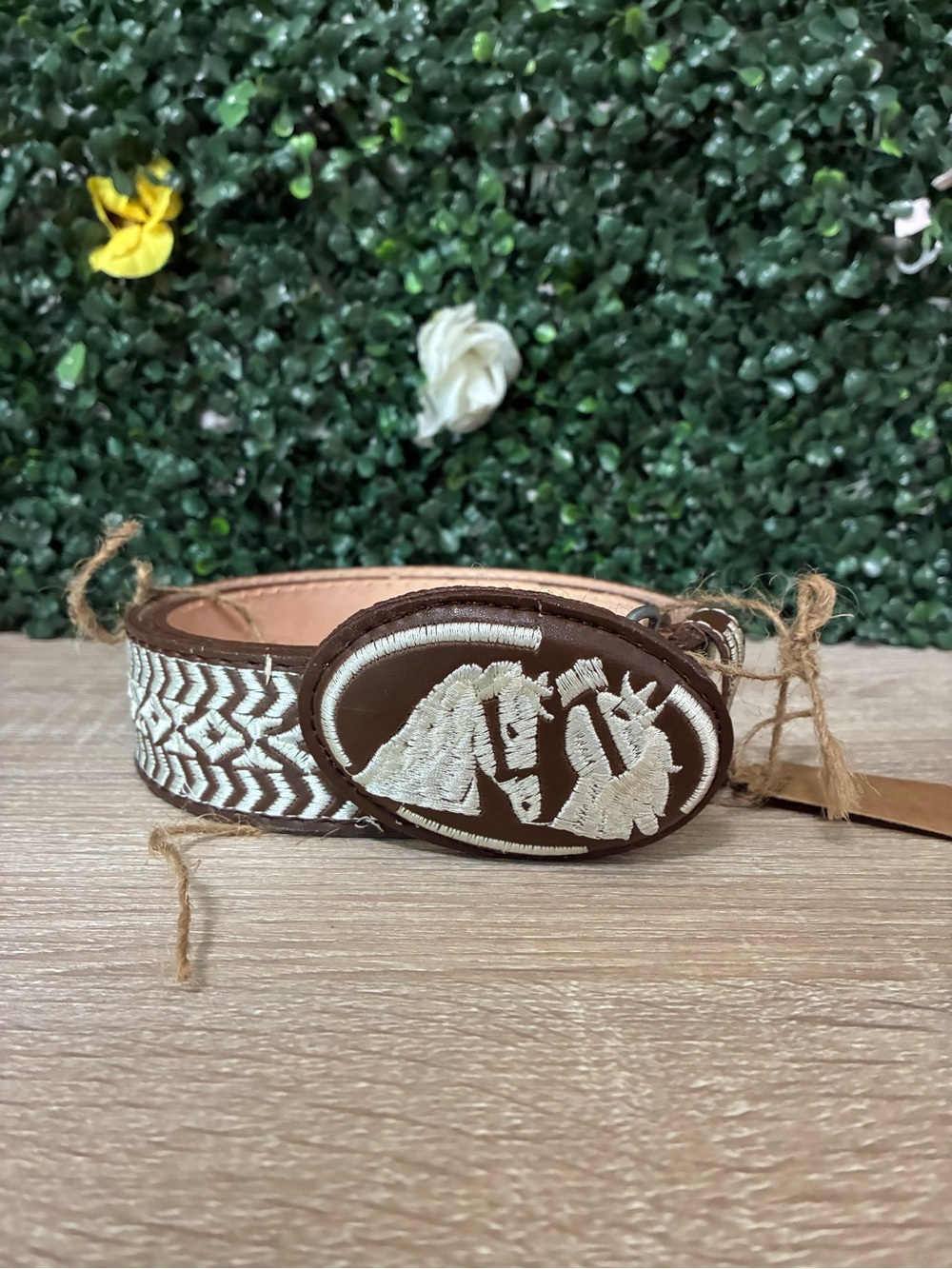 Brown Leather Western Belt with Ivory Embroidered Horse Motif